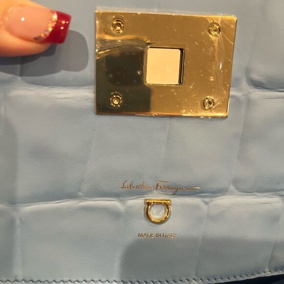 NEW Salvatore Ferragamo embossed blue large Studio bag purse - Picture 7 of 9